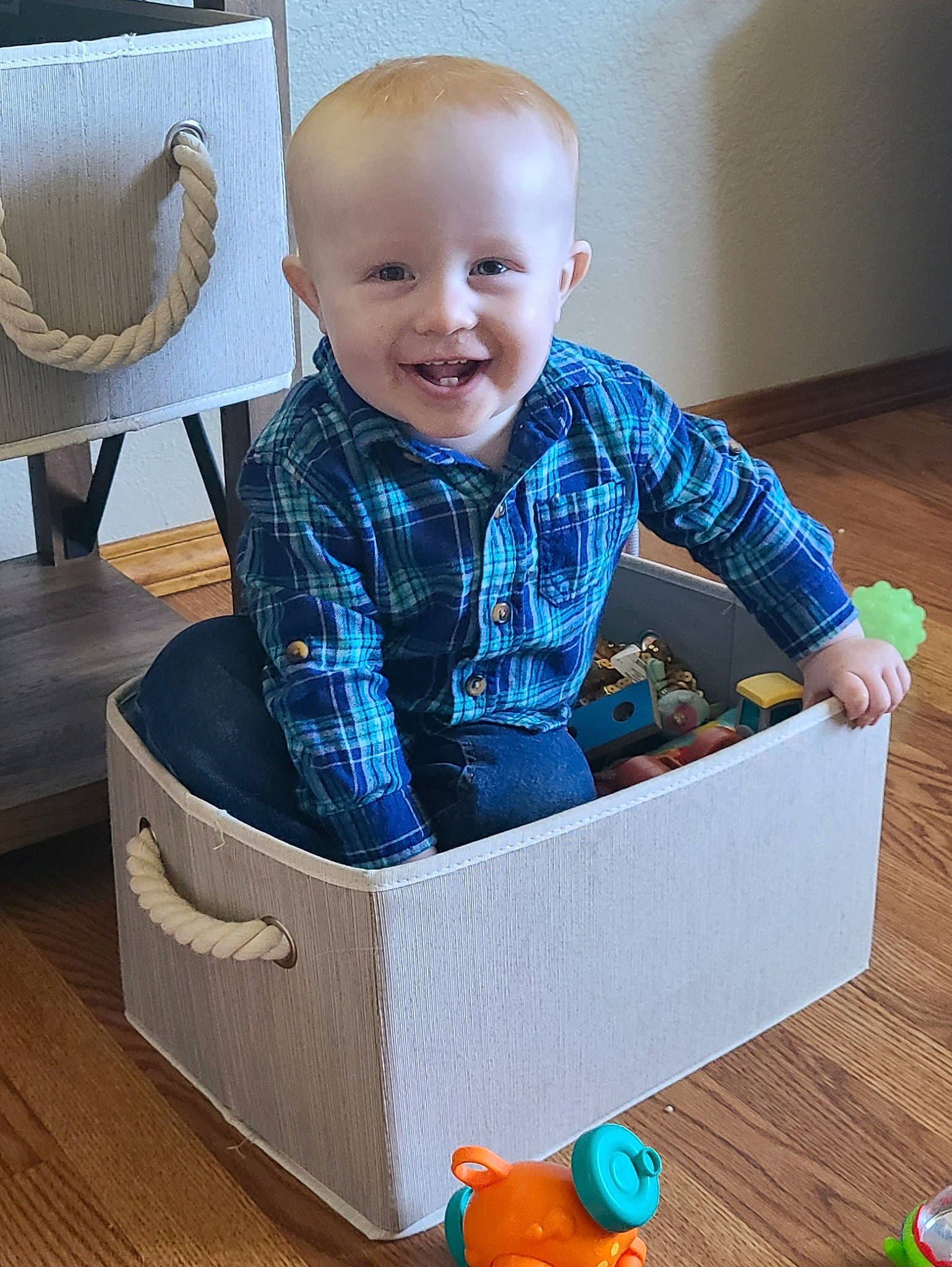 Finley joined the competition — help win amazing prizes! baby, baby_toddler_clothing, basket, chair, child, comfort, electric_blue, flooring, fun, green, happy, hardwood, joy, pattern, person, product, sitting, sleeve, smile, toddler