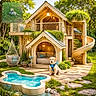 cushions, cute, daylight, deck, doghouse, garden, grass, greenery, hanging_chair, harness, outdoor, pet, plants, playful, pool, puppy, relaxation, rocks, slide, wooden_structure