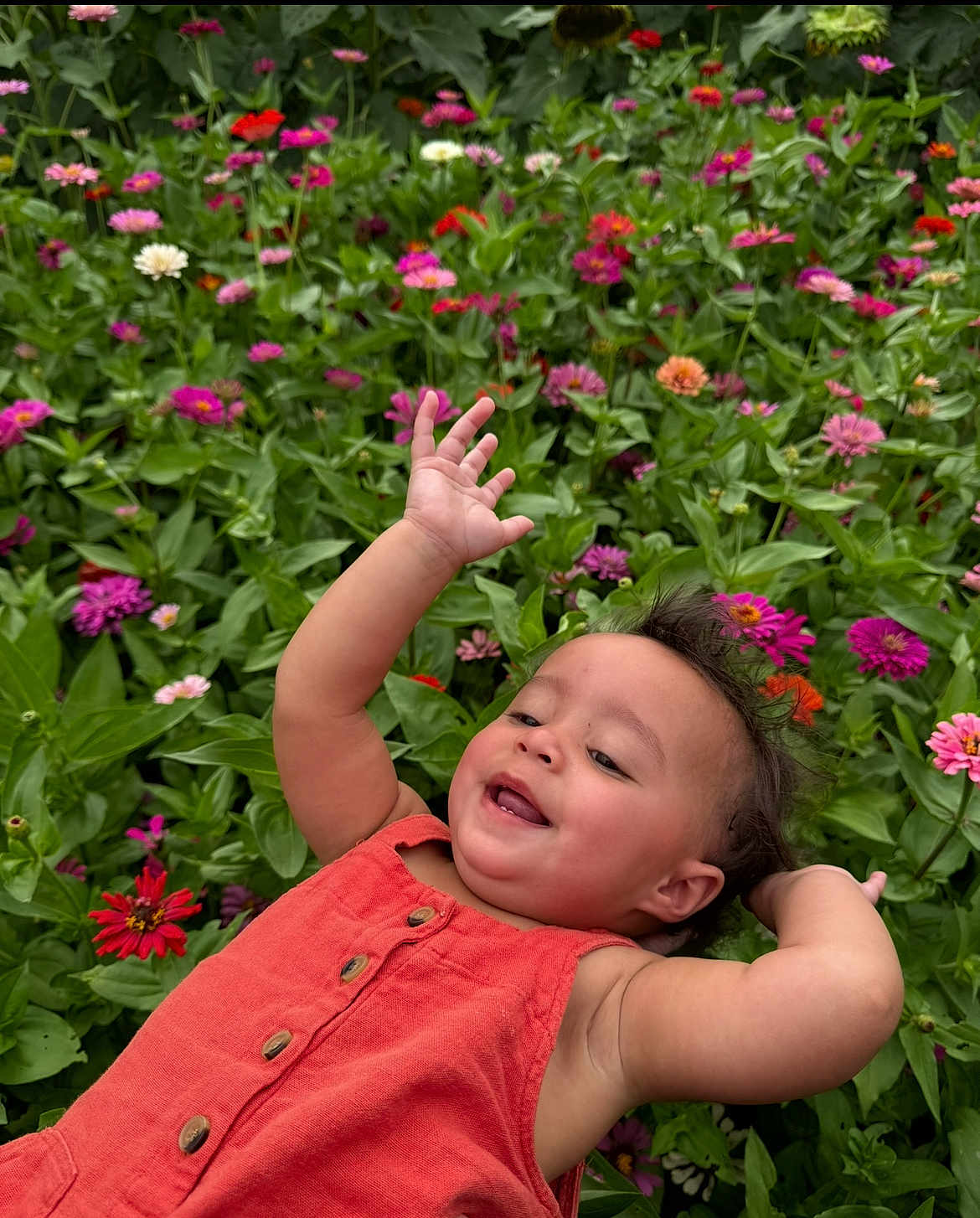 Raylynn joined the competition — help win amazing prizes! toddler, child, smiling, orange_dress, flowers, garden, greenery, nature, happy, outdoor, plants, colorful, cute, baby, portrait, playful, summer, flora, leaves, joyful