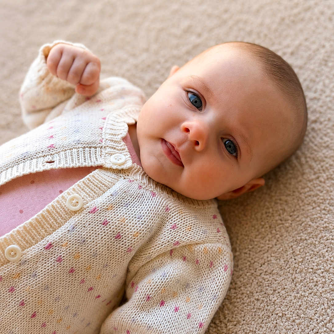 Josephine joined the competition — help win amazing prizes! baby, infant, face, eyes, sweater, knitwear, carpet, texture, cute, child, portrait, skin, hand, button, lying_down, cozy, soft, expression, young, indoors