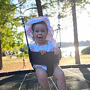 Winter is registered to the contest to win money with this photo: child, toddler, swing, smile, happy, outdoor, park, tree, sunlight, summer, hat, dress, nature, play, fun, feet, footwear, daylight, water, background