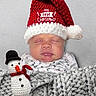 baby, infant, sleeping, hat, santa_hat, red_hat, knit_hat, blanket, knit_blanket, crocheted, snowman, toy, christmas, holiday, cozy, cute, face, closed_eyes, child, festive