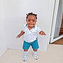 Ravi Manuel participe au concours pour gagner de l'argent avec cette photo : toddler, child, standing, white_shirt, palm_tree_print, teal_shorts, sneakers, hair_twists, smiling, indoors, tile_floor, door, white_wall, cute, happy, person, portrait, young_child, casual_clothing, bright
