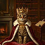 cat, tabby, crown, cape, royalty, library, bookshelf, fireplace, candle, portrait, red_cushion, wooden_desk, quill, ink_bottle, luxury, animal, indoor, feline, regal, decor