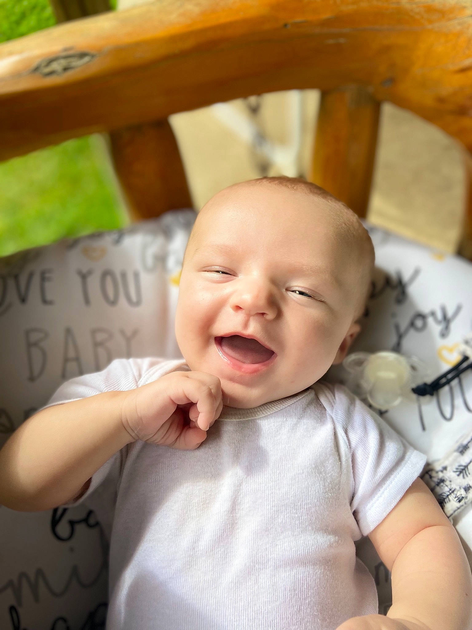 Benton joined the competition — help win amazing prizes! baby, baby_laughing, baby_toddler_clothing, cheek, child, chin, comfort, dress, finger, fun, hairstyle, happy, mouth, person, sitting, skin, sleeve, smile, t_shirt, toddler