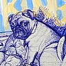 pug, dog, pet, canine, lying_down, bed, bedding, indoors, portrait, illustration, sketch_effect, blue_tones, yellow_tones, wrinkled_face, short_muzzle, dark_eyes, relaxed, looking_at_camera, home, animal
