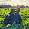 Mia participe au concours pour gagner de l'argent avec cette photo : woman, person, dog, black_dog, large_dog, pet, animal, outdoor, field, grass, countryside, sunlight, sunset, cuddle, sitting, portrait, harness, tongue, power_lines, pylons