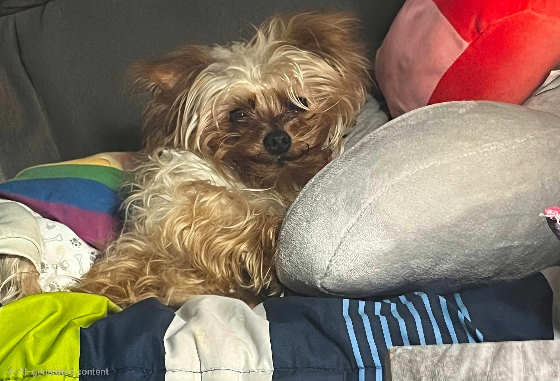 Sofia joined the competition — help win amazing prizes! dog, fluffy, pet, lounging, pillows, blankets, colorful, cozy, fur, indoor, cute, relaxed, small_dog, canine, resting, home, comfort, sleepy, couch, animal