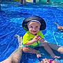 toddler, child, swimming_pool, water, sun_hat, yellow_shirt, legs, water_slide, smiling, summer, outdoor, people, sitting, recreation, sunlight, fun, blue_water, play, vacation, happy