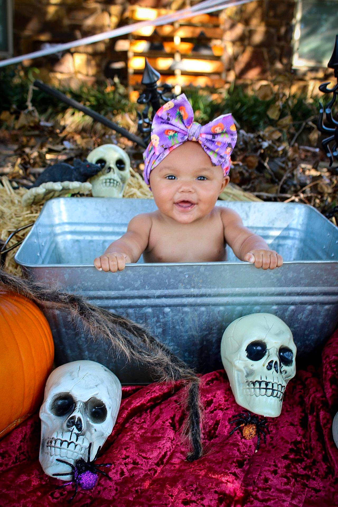 Guinevere joined the competition — help win amazing prizes! baby, baby_toddler_clothing, bone, event, fashion_accessory, flash_photography, fun, grass, happy, headpiece, headwear, leisure, magenta, mammal, person, personal_protective_equipment, photograph, pink, plant, pumpkin