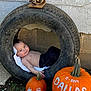 baby, tire, pumpkin, painted_pumpkin, footprints, outdoor, grass, wall, antlers, child, shirtless, jeans, smile, face, head, nature, decoration, fall, autumn, cute
