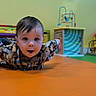 toddler, child, playroom, toy, orange_mat, curious, wide_eyes, plaid_shirt, indoor, floor, colorful, green_wall, play, baby, expression, arms_outstretched, young_child, head, smile, person