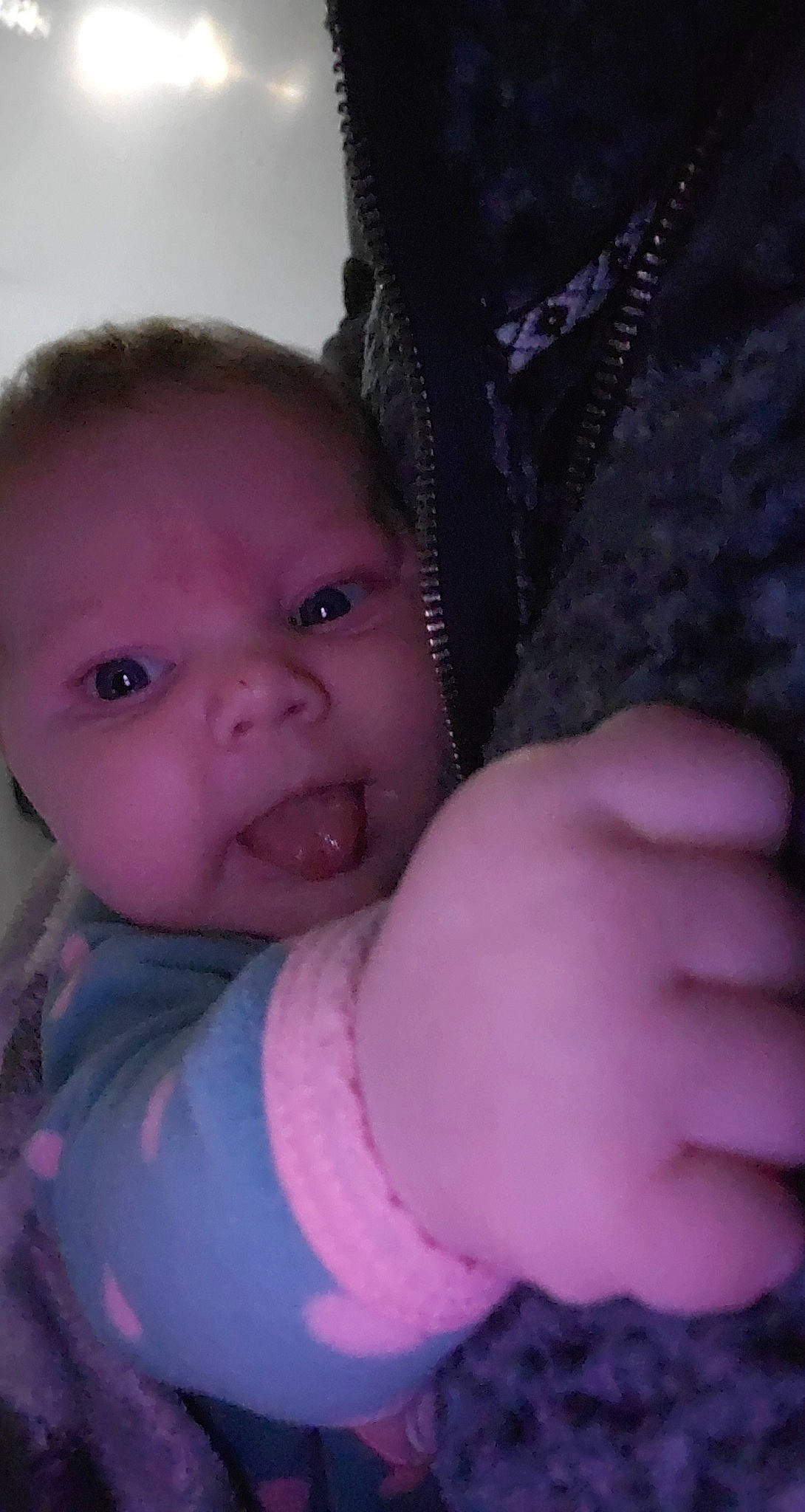 Malayah is registered to the contest to win money with this photo: baby, baby_toddler_clothing, cheek, child, cool, eyebrow, facial_expression, finger, interaction, iris, lip, magenta, nail, organ, person, pink, purple, skin, thumb, toddler