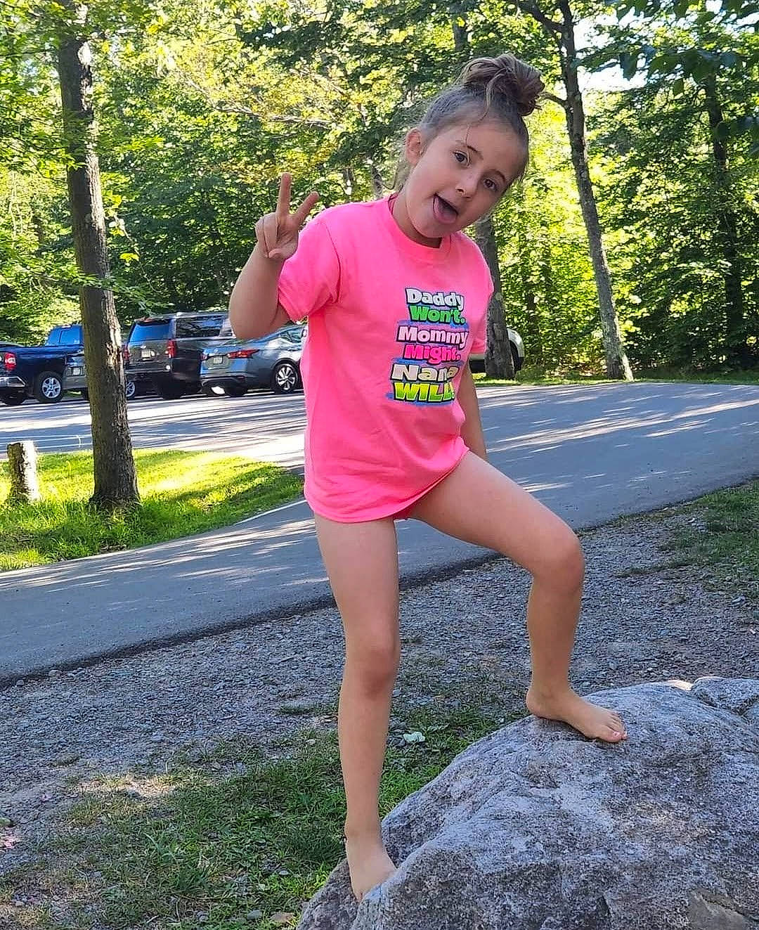 Brooke joined the competition — help win amazing prizes! asphalt, electric_blue, grass, happy, human_leg, knee, leisure, magenta, person, plant, recreation, shorts, shoulder, smile, sportswear, t_shirt, thigh, tire, tree, waist