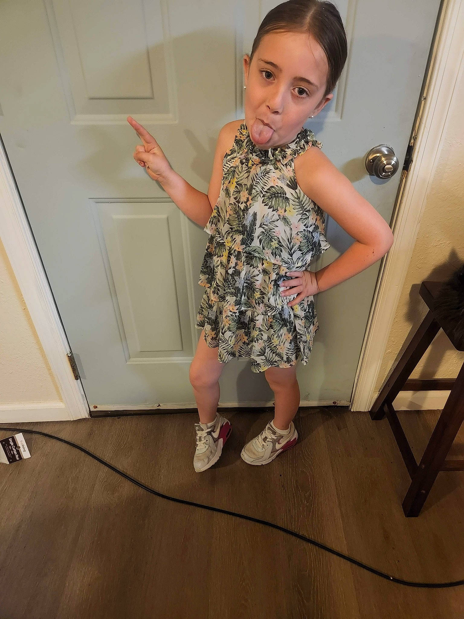 Brooke joined the competition — help win amazing prizes! baby_toddler_clothing, elbow, eyewear, fashion_design, floor, flooring, happy, hardwood, human_leg, joint, knee, leg, pattern, person, sandal, sleeve, standing, thigh, toddler, waist