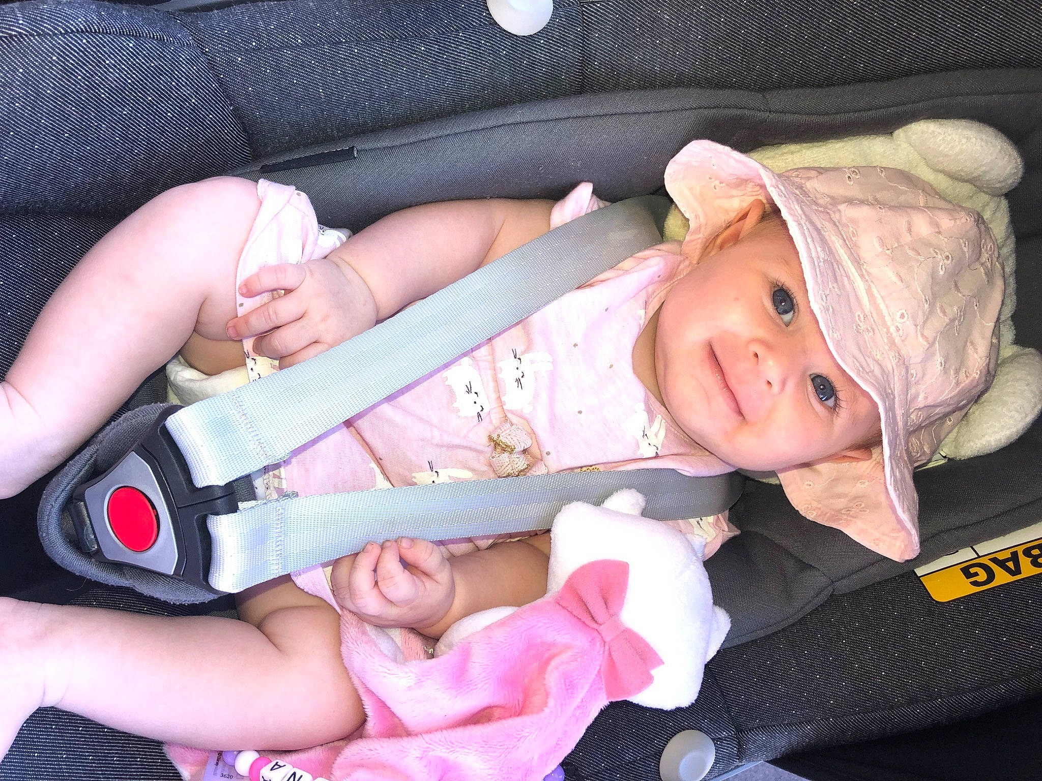 Mélina a rejoint le concours — aidez-le/la à gagner de superbes lots ! baby, baby_carriage, baby_products, baby_toddler_clothing, cheek, child, comfort, finger, grass, happy, hat, headwear, joy, lap, nail, person, pink, sitting, skin, sleeve