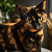 Cachou participe au concours pour gagner de l'argent avec cette photo : cat, tortoiseshell, pet, animal, close_up, yellow_eyes, fur, whiskers, indoor, home, blurred_background, portrait, curious, feline, domestic_cat, soft_light, ears, sitting, looking