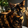 cat, tortoiseshell, pet, animal, close_up, yellow_eyes, fur, whiskers, indoor, home, blurred_background, portrait, curious, feline, domestic_cat, soft_light, ears, sitting, looking