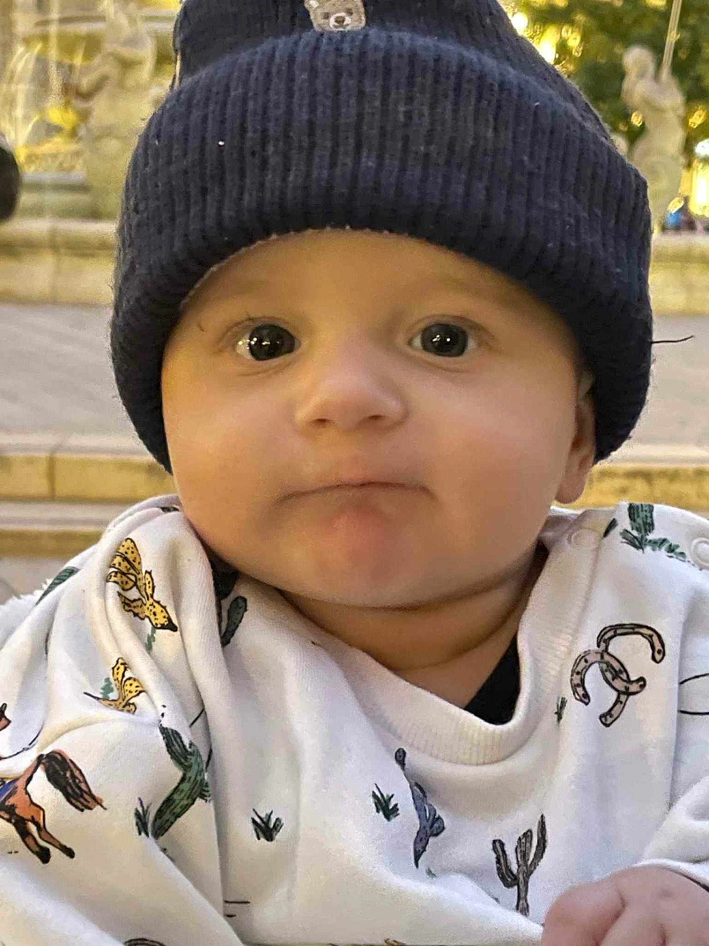 Chris participe au concours pour gagner de l'argent avec cette photo : baby, child, face, hat, knit_hat, clothing, outdoor, steps, blurred_background, cactus, horse, patterned_clothes, young_child, portrait, cute, serious_expression, warm_lighting, infant, person, headwear