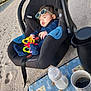 baby, car_seat, sunglasses, beach, sand, toy, baby_bottle, coffee_pot, coffee_cup, blanket, outdoor, relaxing, child, infant, sunny, casual, resting, accessory, seat, water