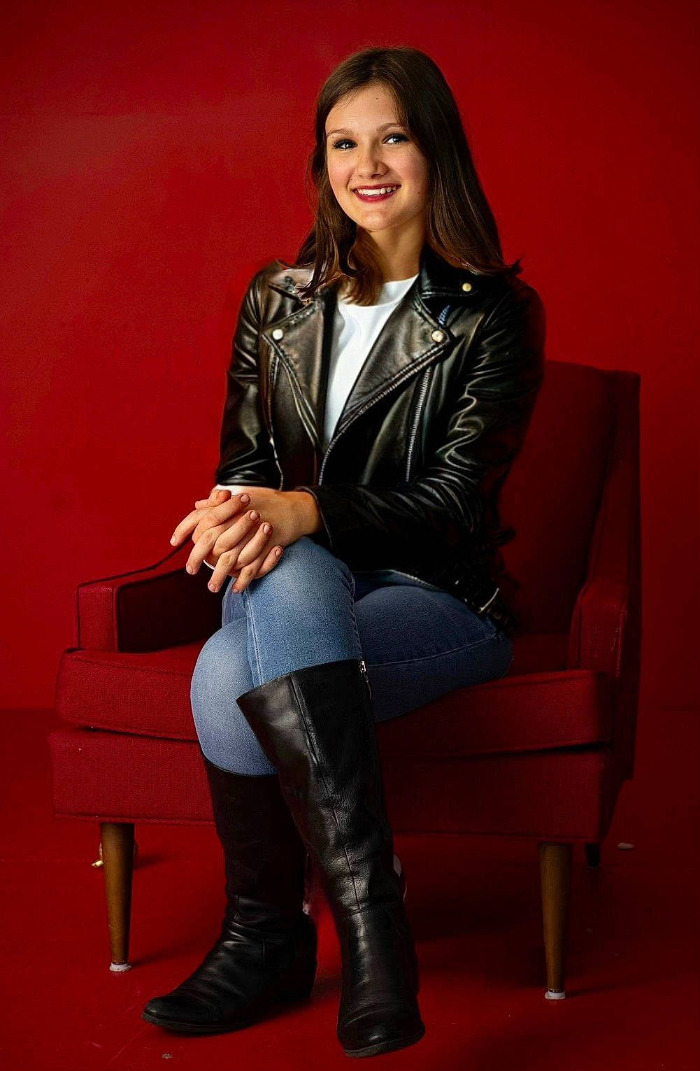 Brylee joined the competition — help win amazing prizes! black_hair, blazer, collar, comfort, denim, fashion_design, flash_photography, head, joy, knee, knee_high_boot, leather_jacket, leg, lip, material_property, person, shoe, sleeve, smile, standing