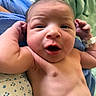 newborn, baby, infant, close_up, skin, face, arm, hospital_band, blanket, blue_cloth, expression, mouth_open, curious, lying_down, human, child, indoors, soft_light, cute, tiny