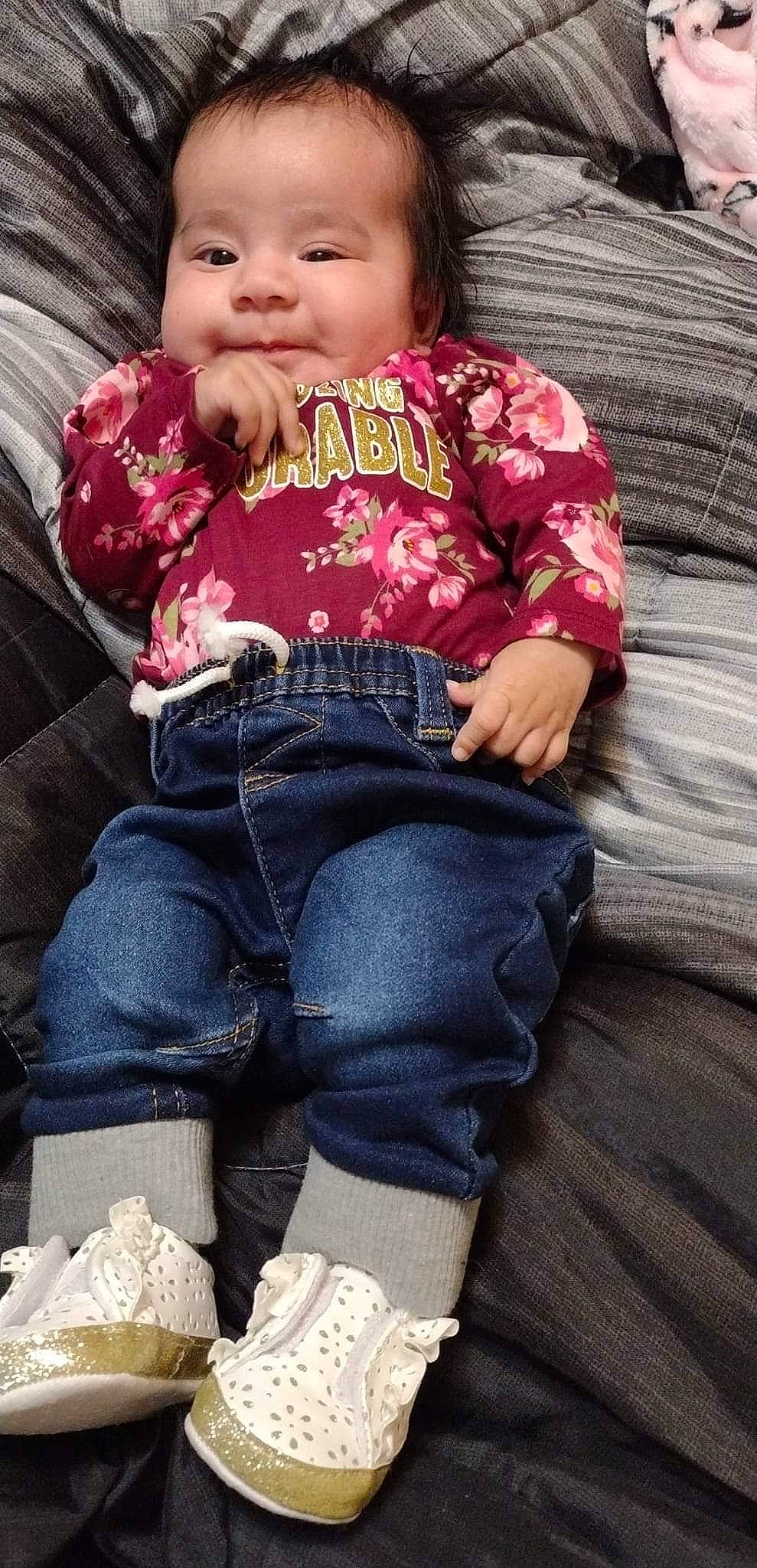 Aleena joined the competition — help win amazing prizes! baby_toddler_clothing, cheek, child, comfort, cool, happy, iris, knee, lap, leg, lip, outerwear, pattern, person, skin, sleeve, sock, t_shirt, textile, thigh