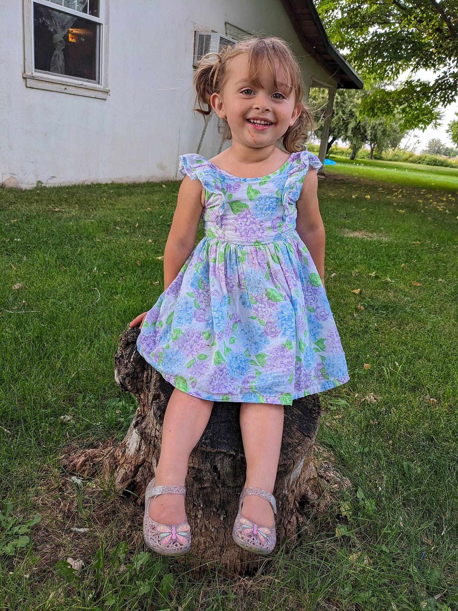 Ariel is registered to the contest to win money with this photo: baby_toddler_clothing, day_dress, dress, eye, grass, hair, happy, joy, lawn, leg, one_piece_garment, pattern, people_in_nature, person, pink, plant, purple, smile, summer, toddler