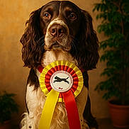 Charly participe au concours pour gagner de l'argent avec cette photo : dog, award_ribbon, brown_and_white, indoor, portrait, potted_plant, decor, pet, animal, sitting, calm, long_ears, focused, cute, companion, domestic, fur, whiskers, friendly, pet_award