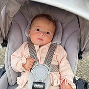 Anna participe au concours pour gagner de l'argent avec cette photo : baby, child, stroller, seatbelt, harness, pink_sweater, infant, cute, outdoor, cushion, sitting, clothing, child_seat, young_child, face, person, baby_clothes, safety, portrait, baby_boy
