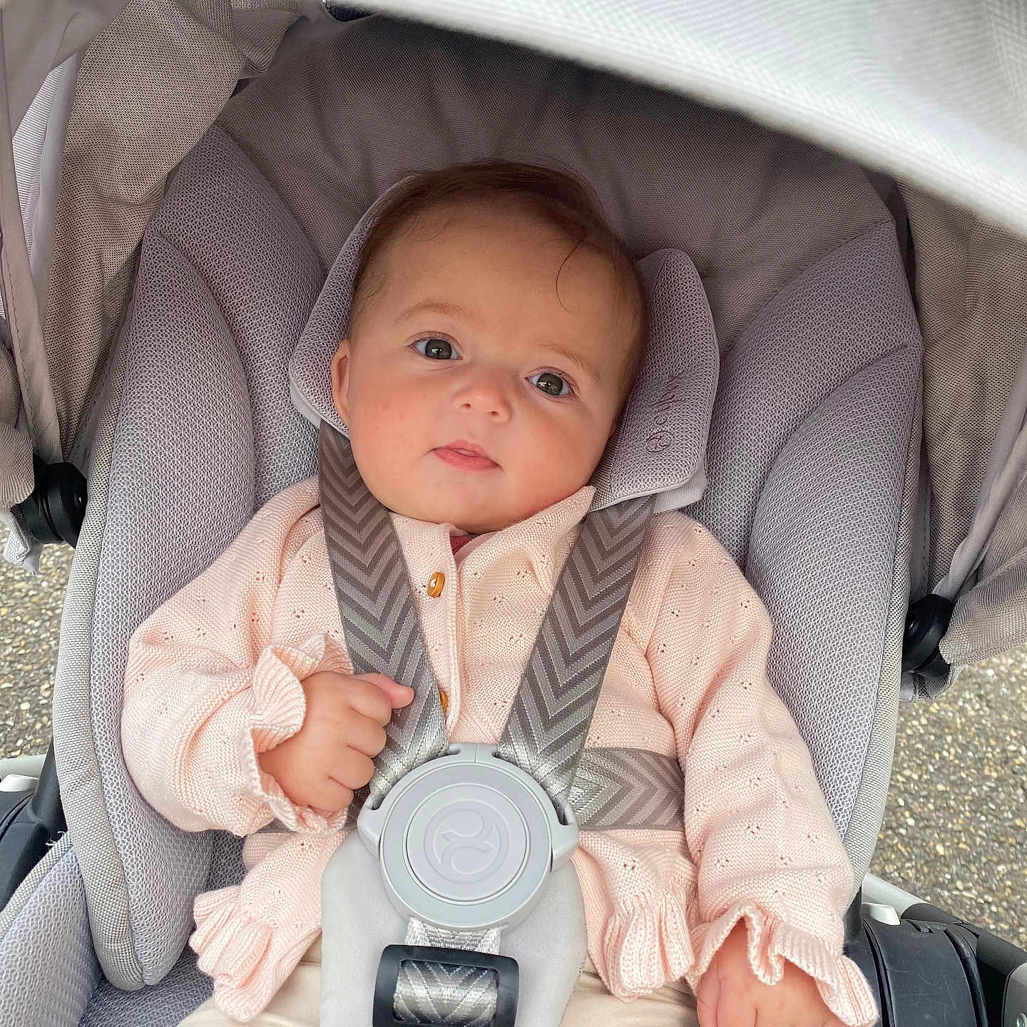 Anna participe au concours pour gagner de l'argent avec cette photo : baby, baby_boy, baby_clothes, child, child_seat, clothing, cushion, cute, face, harness, infant, outdoor, person, pink_sweater, portrait, safety, seatbelt, sitting, stroller, young_child