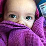 baby, blanket, face, eyes, child, purple, cozy, infant, portrait, cute, closeup, soft, texture, wrapped, snuggled, person, pink, blue, indoors, expression