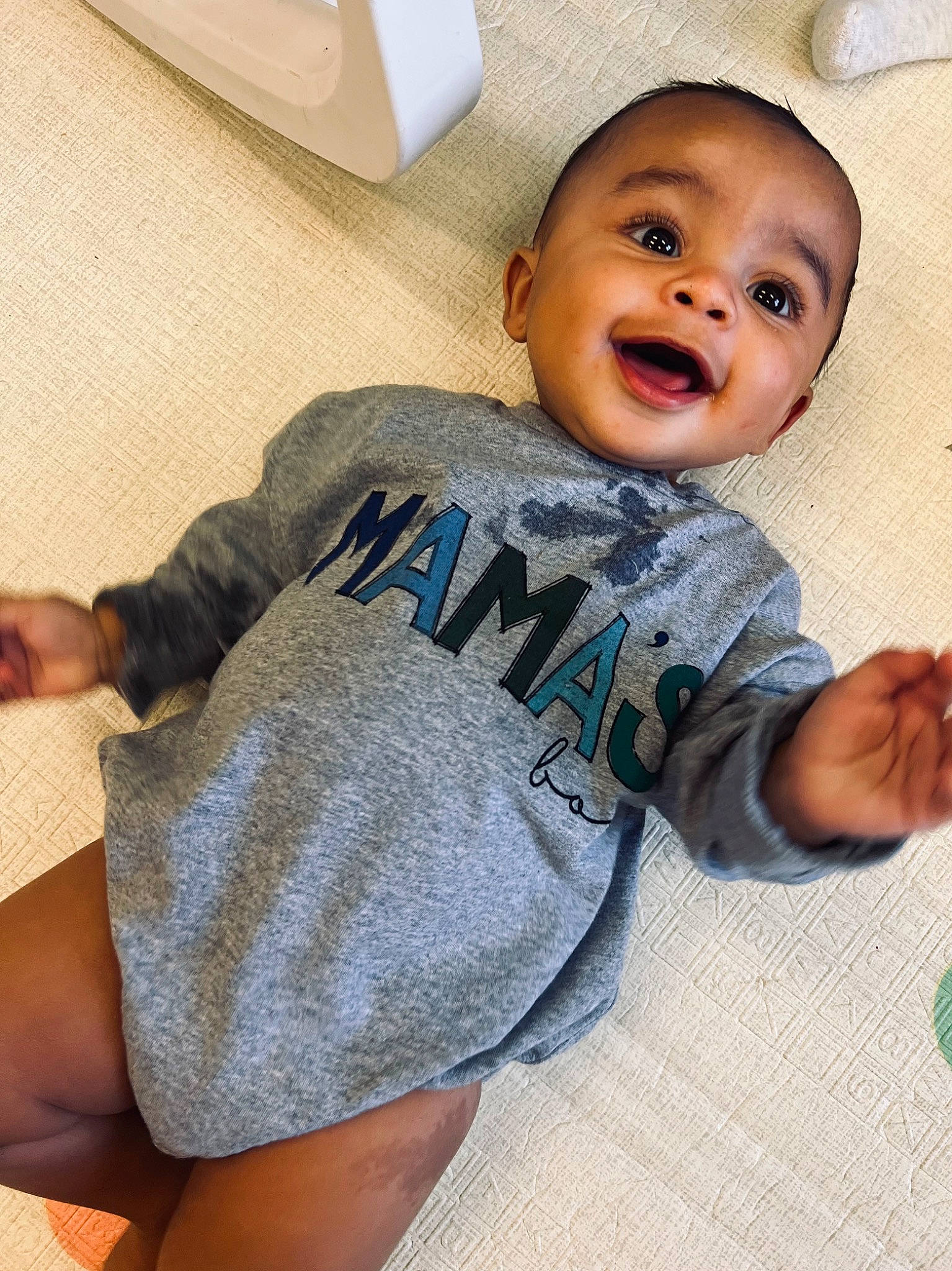 Kamden joined the competition — help win amazing prizes! baby, baby_toddler_clothing, child, comfort, elbow, face, finger, gesture, happy, human_leg, knee, linens, muscle, person, shoulder, sleeve, smile, t_shirt, thigh, thumb
