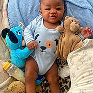 Thomas joined the competition — help win amazing prizes! baby, infant, plush_toy, blue_dinosaur, brown_bear, bottle, blanket, onesie, smiling, cute, lying_down, indoors, child, toddler, soft_toys, star_pattern, leopard_print, face, hand, cozy