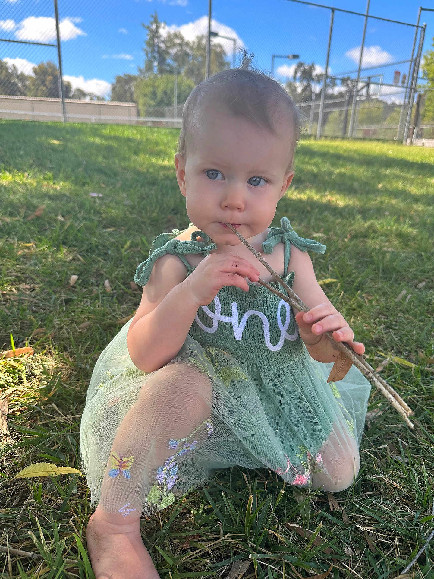 Louella joined the competition — help win amazing prizes! child, toddler, dress, green_dress, stick, grass, outdoor, nature, park, sunlight, blue_sky, fence, embroidery, barefoot, leaf, curious, sitting, person, young_child, summer