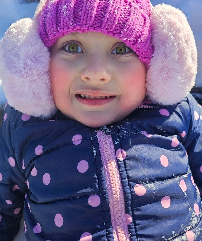 Scarlet joined the competition — help win amazing prizes! cap, cool, face, happy, head, headgear, headwear, joy, organ, outerwear, person, photograph, pink, plant, purple, skin, sleeve, smile, snow, textile