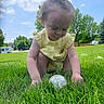 Paisleigh is registered to the contest to win money with this photo: baseball, blue_sky, child, closeup, curious, daylight, grass, greenery, nature, outdoor, park, person, playing, squatting, summer, sunny, toddler, trees, yellow_clothing, young_child