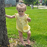Paisleigh joined the competition — help win amazing prizes! baby, barefoot, child, cute, daylight, grass, greenery, nature, outdoor, person, playing, residential_area, small_hair_tie, summer, sunny, toddler, tree, walking, yellow_outfit, young_child