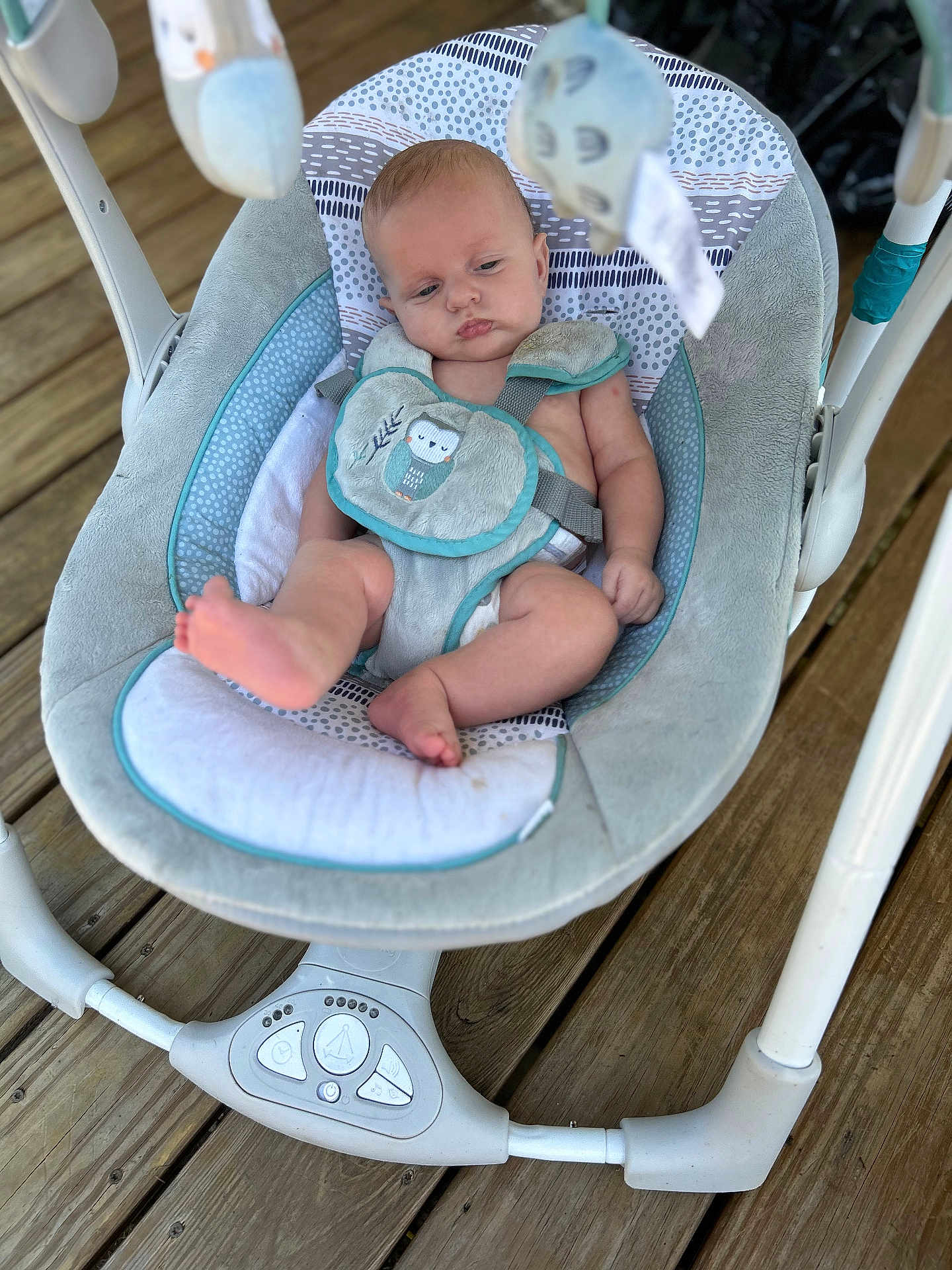 Cavan is registered to the contest to win money with this photo: baby, infant, baby_swing, toy, wooden_floor, child, seat, straps, relaxing, indoors, closeup, soft_toys, baby_clothes, expression, face, legs, foot, comfort, home, daylight