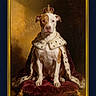 dog, crown, royal_cape, portrait, plush_cushion, brown_and_white_dog, regal, fur, classic_painting, seated, indoors, artistic, luxury, decorative, noble, majestic, pet, canine, costume, animal