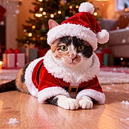 Nala participe au concours pour gagner de l'argent avec cette photo : cat, calico_cat, santa_hat, santa_costume, christmas_tree, christmas_lights, presents, holiday, festive, indoors, wooden_floor, decorations, cozy, pet, animal, fur, cute, holiday_season, snowflakes, christmas