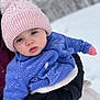 baby, child, winter, snow, hat, knit_hat, pom_pom, jacket, purple_jacket, gloves, black_gloves, outdoor, cold_weather, snowflakes, person, holding, closeup, face, cute, frosty