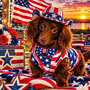 Max is registered to the contest to win money with this photo: dog, brown_dog, long_hair, cowboy_hat, bow_tie, patriotic, american_flag, stars_and_stripes, costume, dressed_up, portrait, close_up, outdoor, sunset, sunrise, flowers, red_white_blue, holiday, truck, decorations