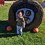child, face_paint, fall, field, grass, hay_bale, holiday, nature, outdoor, pants, playful, pumpkin, scenery, seasonal, shirt, shoes, smile, smiling, sunlight, tree