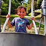 Daelyne is registered to the contest to win money with this photo: child, clouds, curly_hair, daytime, dinosaur_print, fun, greenery, happy, outdoor, park, person, play, playground, recreation, sky, smiling, sunlight, swing, trees, tshirt