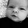 Raphaël a rejoint le concours — aidez-le/la à gagner de superbes lots ! baby, black_and_white, blanket, closeup, clothing, curious, expression, eyes, face, head, indoors, infant, lying_down, monochrome, newborn, person, portrait, skin, soft_texture, young_child
