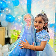 Zara joined the competition — help win amazing prizes! child, girl, balloon, frozen, elsa, blue_dress, party, celebration, smile, happy, indoor, decoration, balloons, sparkle, bracelet, tiara, cute, portrait, festive, young