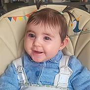 Thaïs participe au concours pour gagner de l'argent avec cette photo : baby, child, smiling, pigtails, blue_shirt, high_chair, harness, indoor, face, cute, happy, infant, person, clothing, decor, bird_illustration, colorful_flags, seated, young_child, portrait