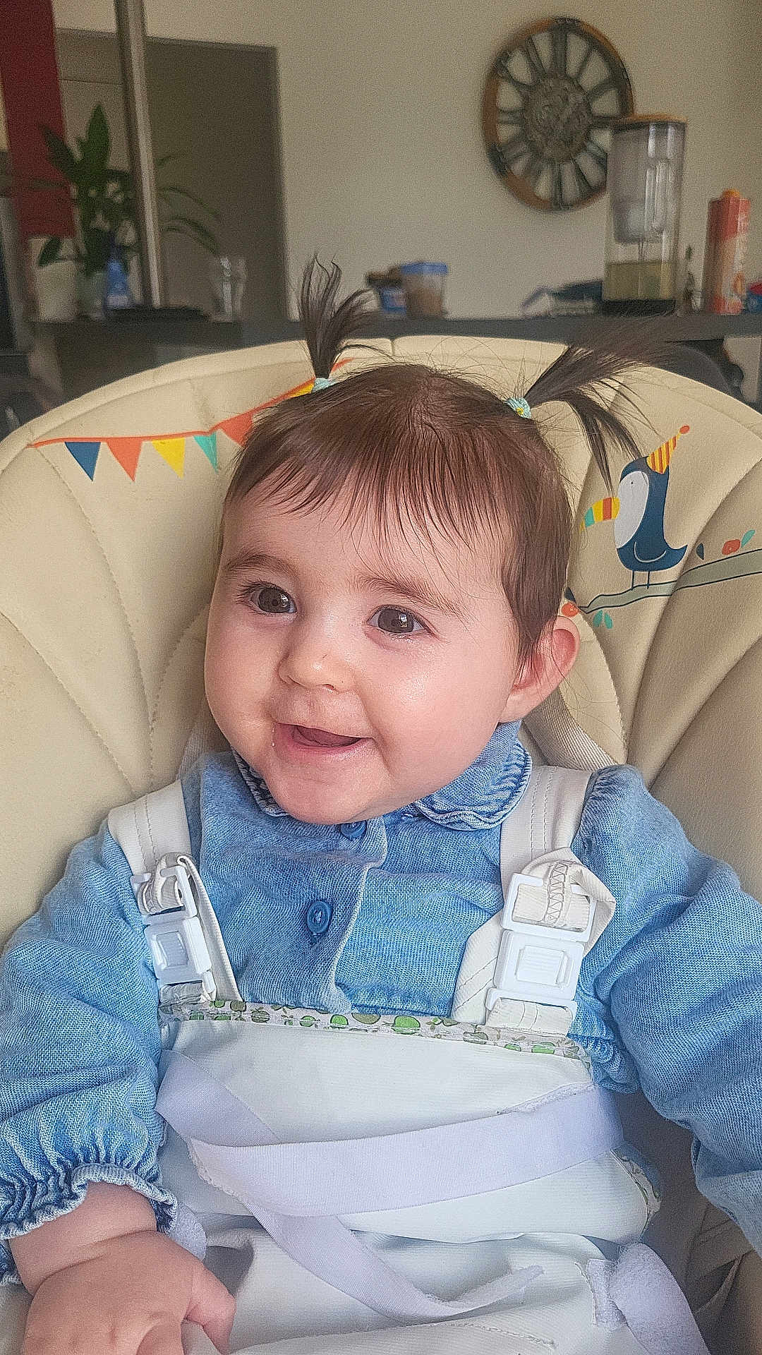 Thaïs participe au concours pour gagner de l'argent avec cette photo : baby, child, smiling, pigtails, blue_shirt, high_chair, harness, indoor, face, cute, happy, infant, person, clothing, decor, bird_illustration, colorful_flags, seated, young_child, portrait