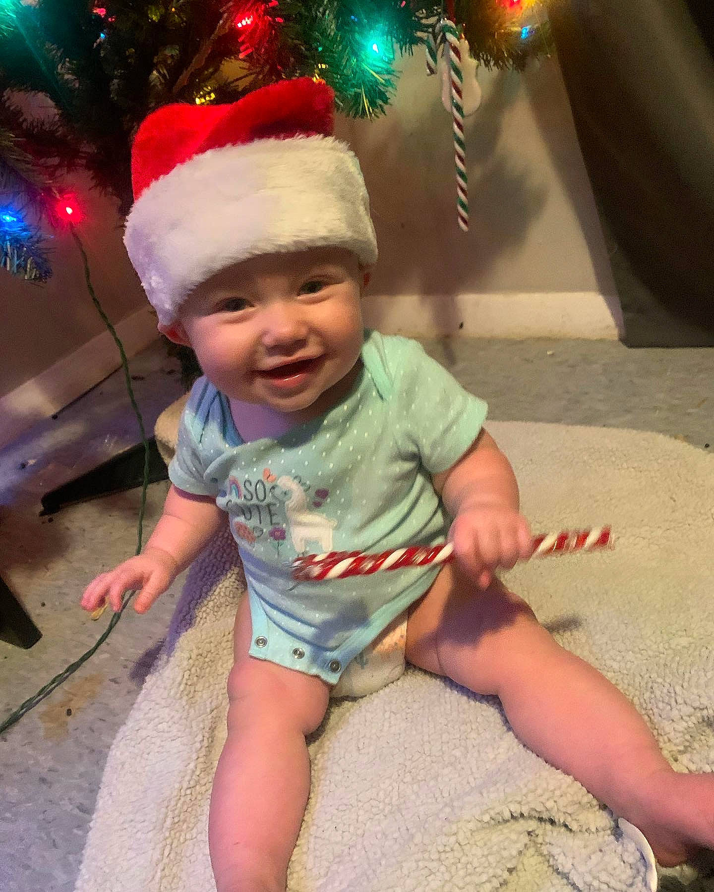 Adalynn is registered to the contest to win money with this photo: baby, baby_toddler_clothing, child, christmas_ornament, christmas_tree, event, face, facial_expression, fun, happy, headwear, holiday, holiday_ornament, human_leg, lap, leg, ornament, person, pink, smile